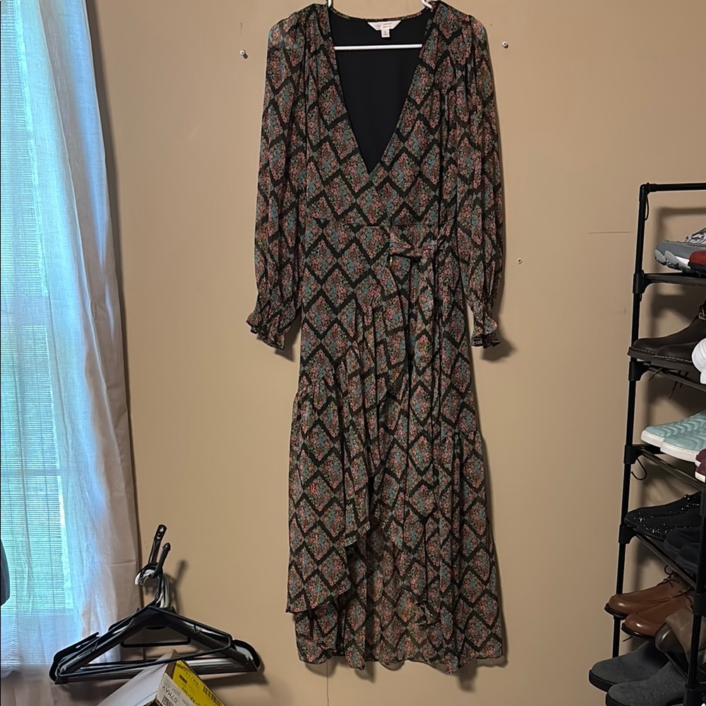 LC Lauren Conrad floral and gold Wrap Sundress with Bishop Sleeves.